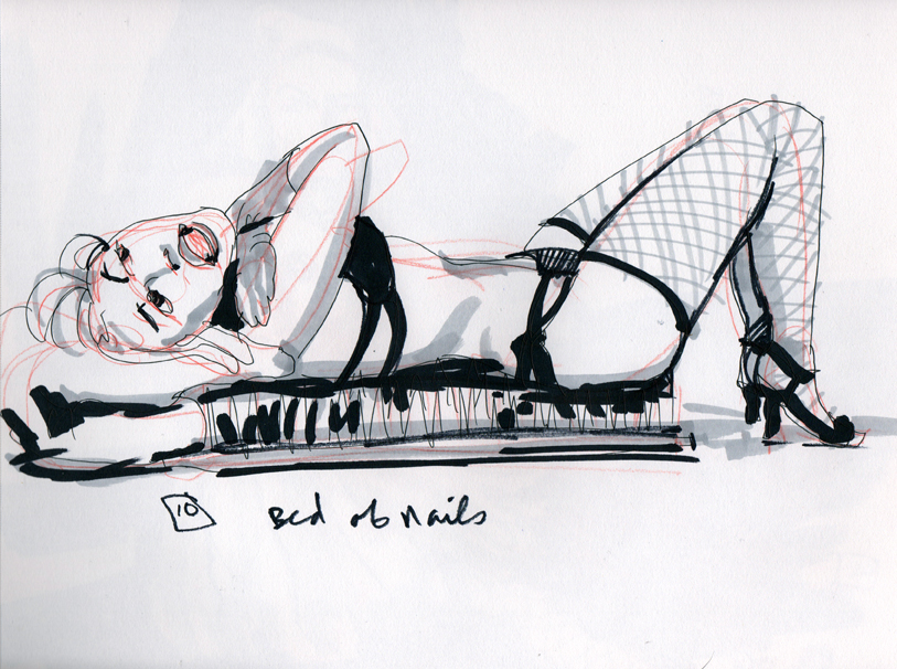 Dixie Delish, 10 Min Drawing, posing on a bed of nails!