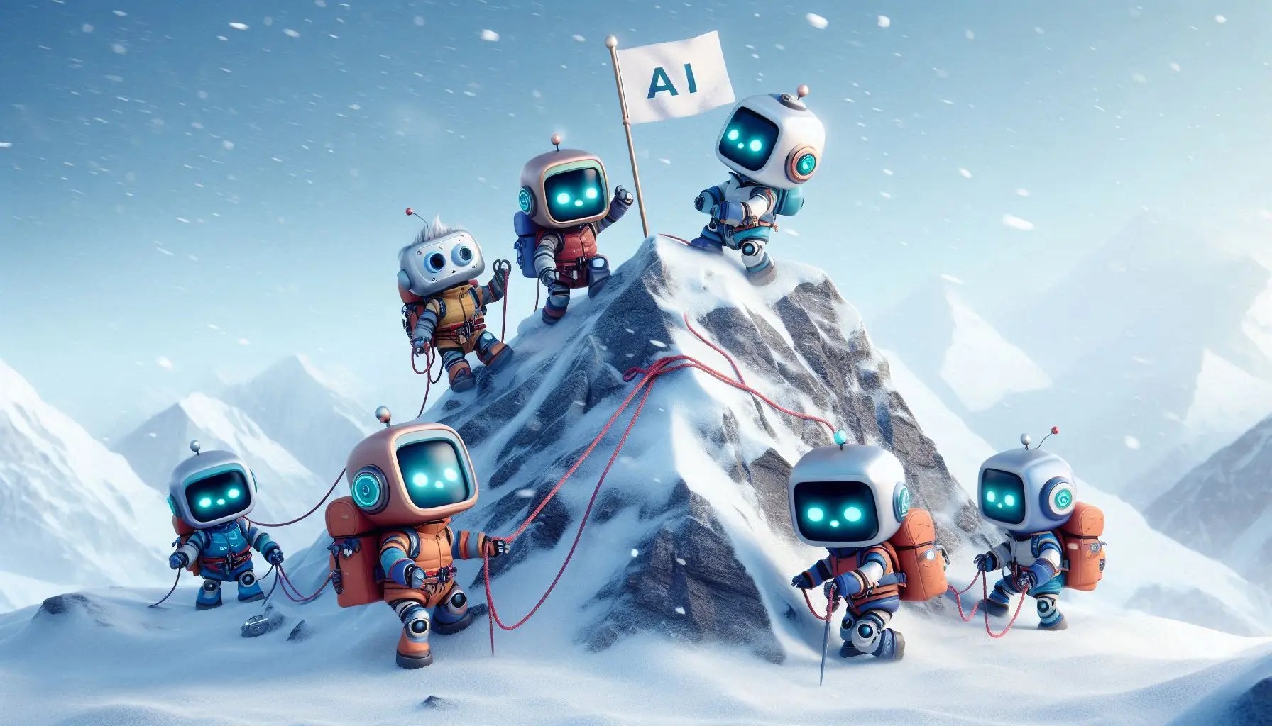 A group of 6 adorable robots are working together to reach the peak of Mount Everest, they are desperately trying to get to the top as the first robot arrives at the very top and plants a flag with the letters "AI" on it. They are wearing rock climbing gear and using ropes, harnesses, ice picks, and survival gear. The mountain is cold with snow blowing in the middle of the day with natural light. The robots are in a 3D illustrated animation style.