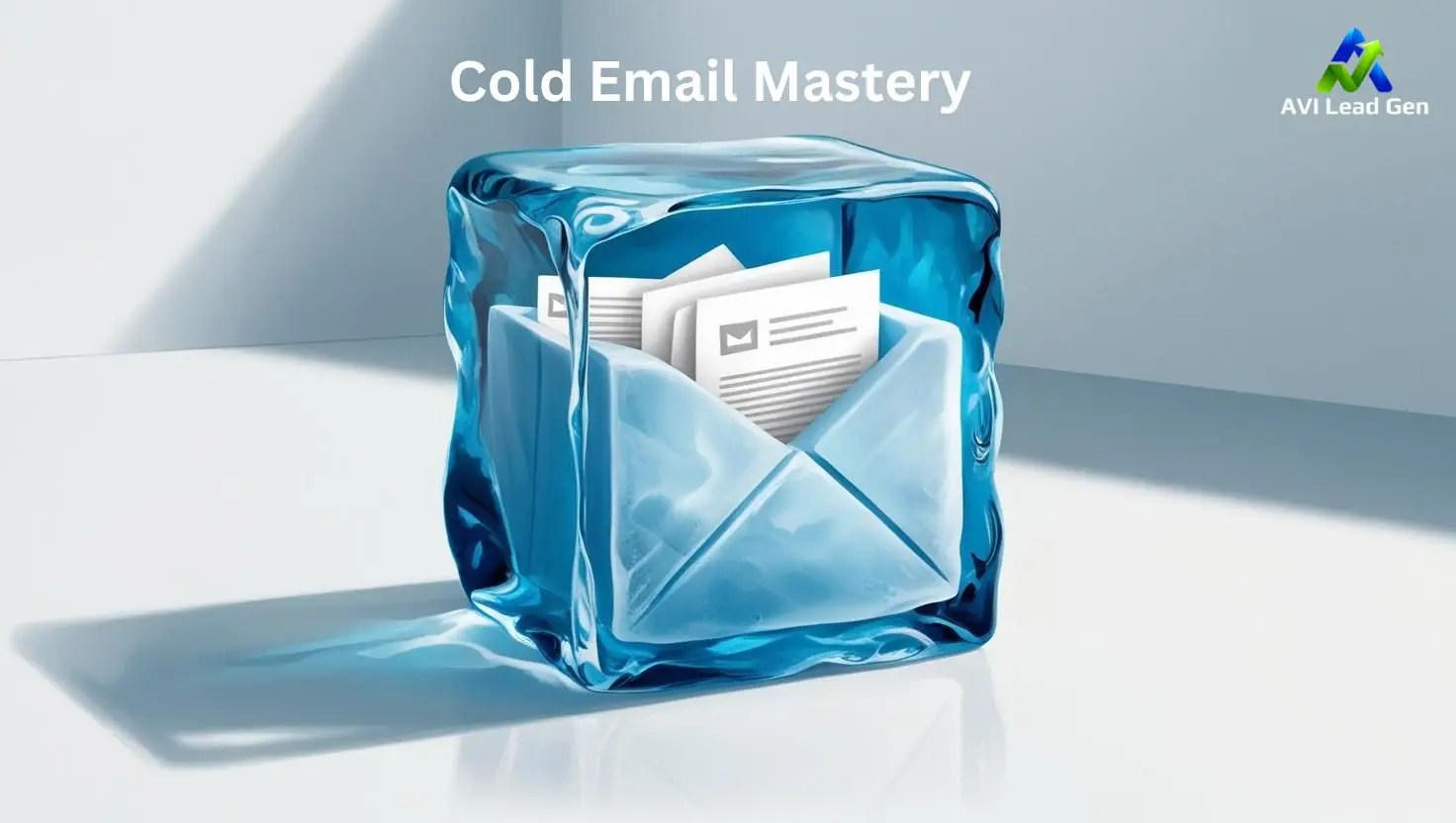 A frozen email inbox with several letters contained within. The mailbox is on a sleek minimalist background with the words cold email mastery above. The image is depicting a cold email marketing strategy for SMB.