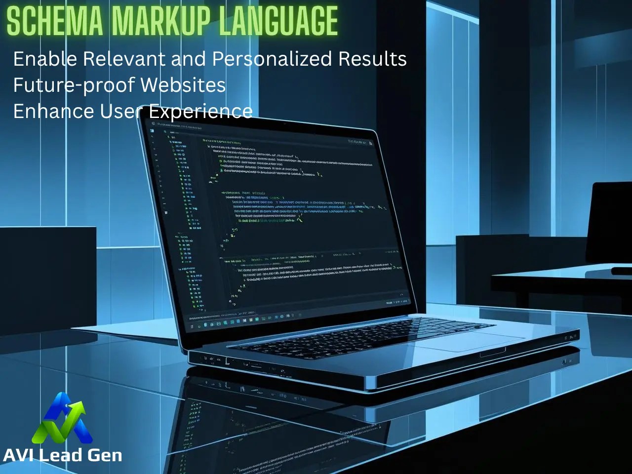 A minimalist, modern digital painting of an open laptop resting on a sleek, glass office desk. The laptop screen displays clean, well-organized HTML schema code, subtly illuminated. The surrounding office is dimly lit, rendered in cool, dark blue hues, creating a sophisticated and professional atmosphere. The overall style is clean and sharp, with a focus on geometric shapes and smooth surfaces.