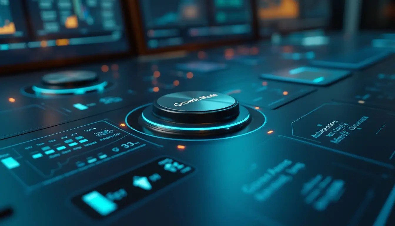 Futuristic control room styled as a dashboard in high-detail photorealism: a prominent ‘Growth Mode’ toggle is flipped on, cascading dashboards show steep upward curves and automated workflows queuing and executing without human hands. Background admin panels with tiny maintenance tasks are dimmed and greyed out. Ambient rim lighting in electric-blue and growth-green casts reflections across a matte-black console, conveying smooth scaling over manual upkeep.