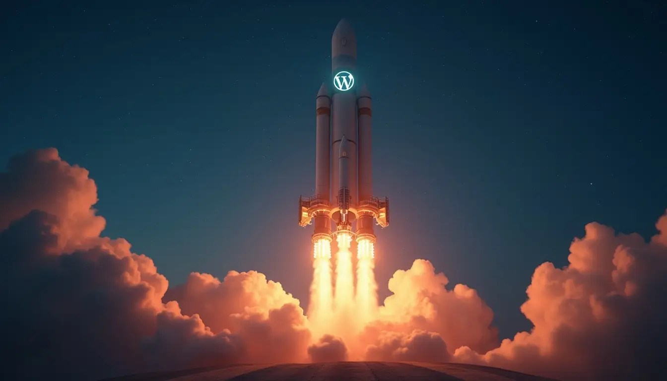 A rocket with the WordPress logo is launching.