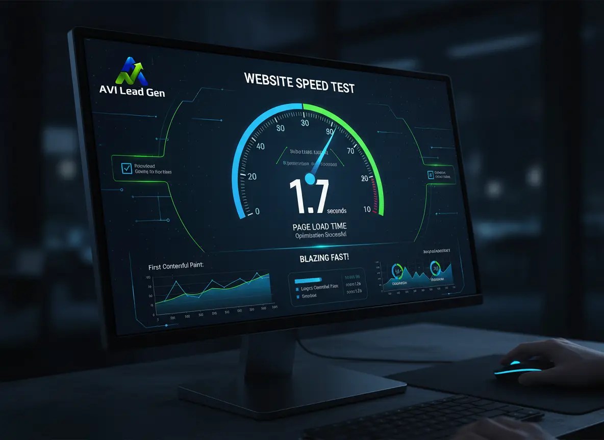 A computer monitor displays a website speed test dashboard, highlighting a 1.7-second load time with graphs, metrics, and the AVI Lead Gen logo in a dark office setting. A hand uses a mouse to help boost site performance.