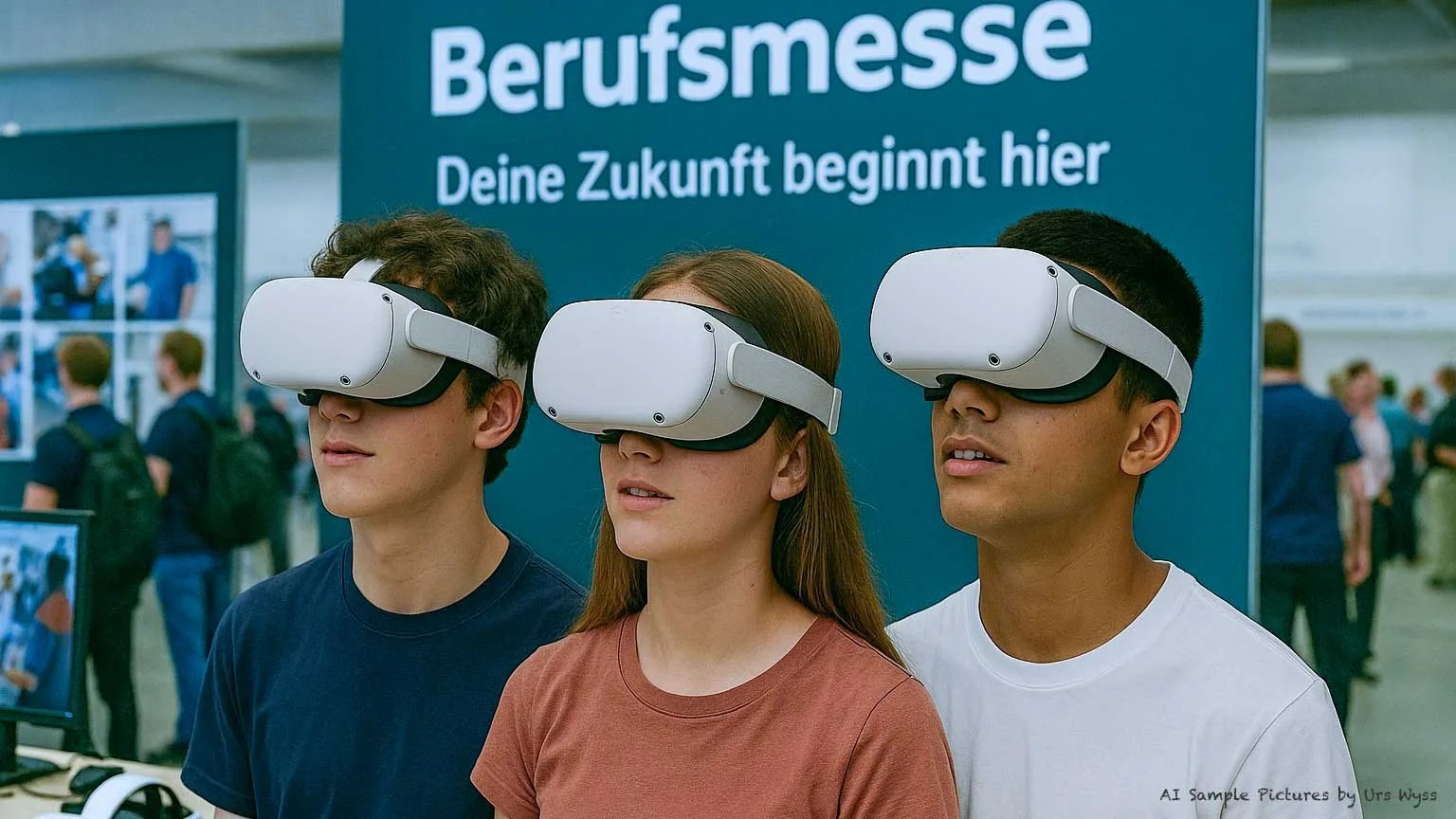 Drei Jugendliche mit VR-Brillen erleben an einer Berufsmesse den Alltag als Seilbahn-Mechatroniker