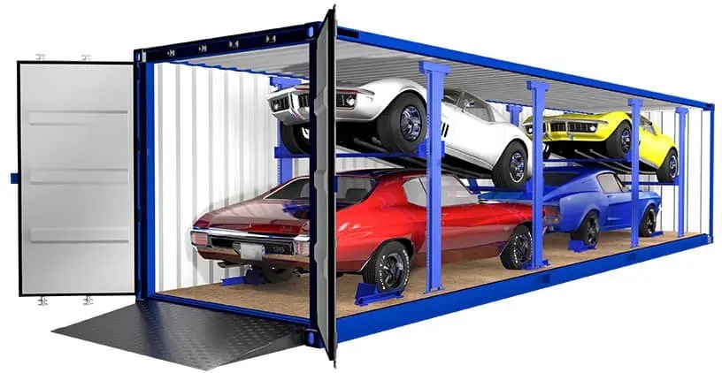 Bên trong 1 container có trang bị hệ thống để chuyên chở xe hơi.