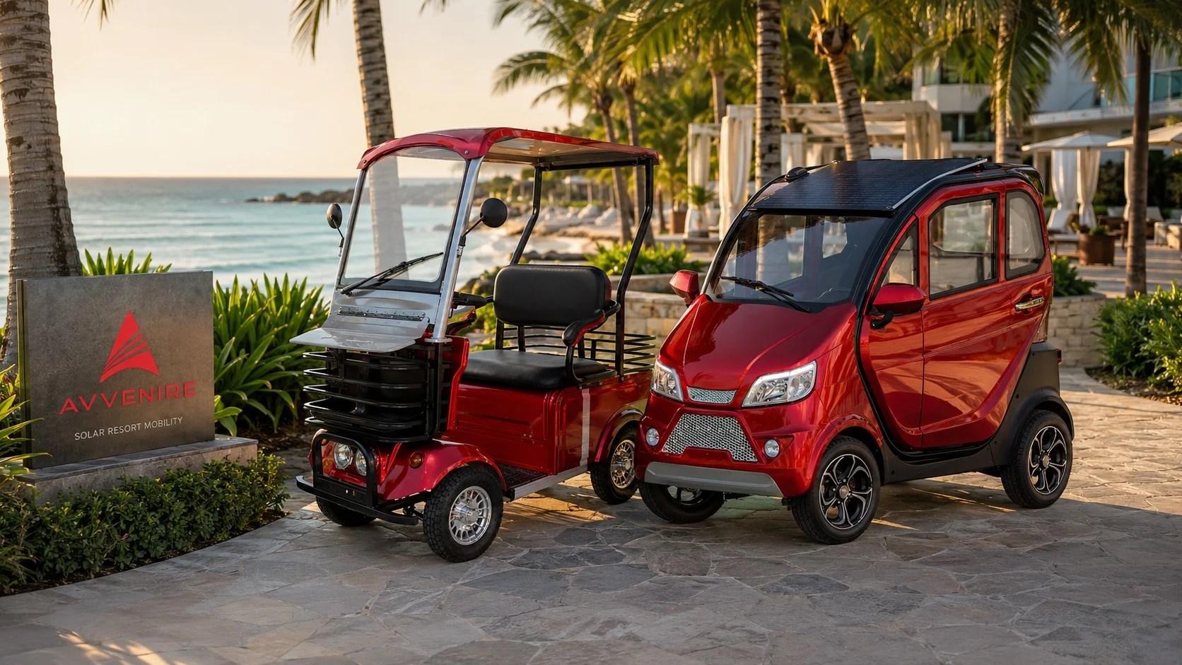 Solar-powered Avvenire electric mobility vehicles at a resort