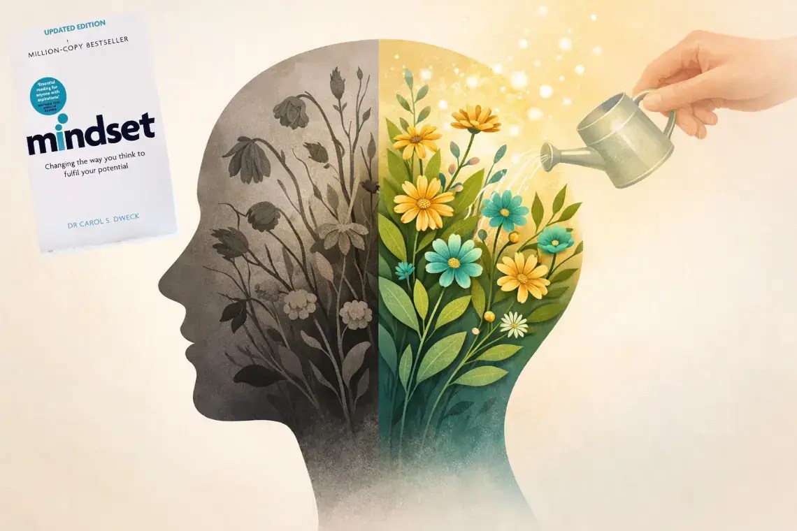 The silhouette human head divided in two parts: one side is wilted grey plants and dry flowers, instead other side thriving garden with growing flowers to show the difference between growth and fixed mind.