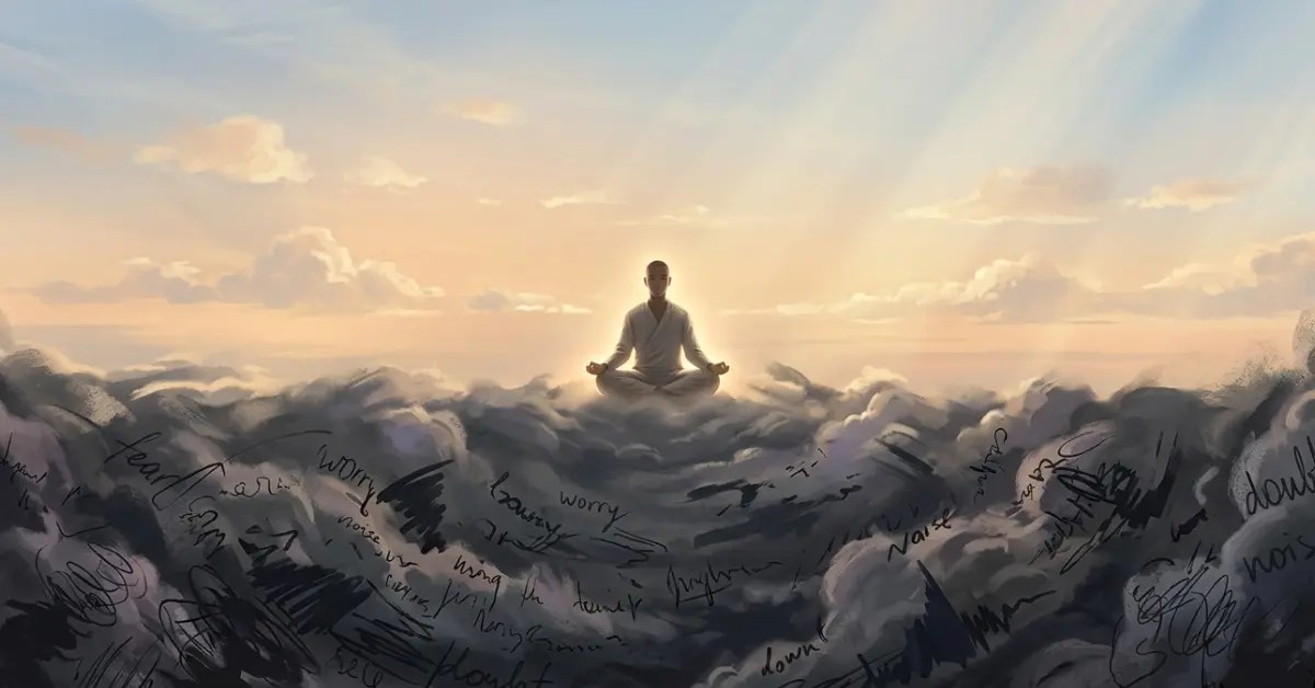 The image of the person sitting in meditation pose on the clouds of confusion, doubts and various confusions to show that you are not mind.