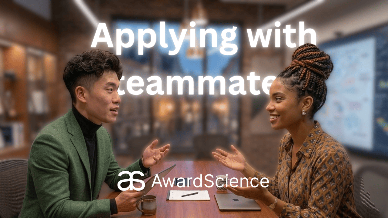 Co-Apply collaborative applications — three people editing one award submission, with the active field outlined in the editing collaborator's colour