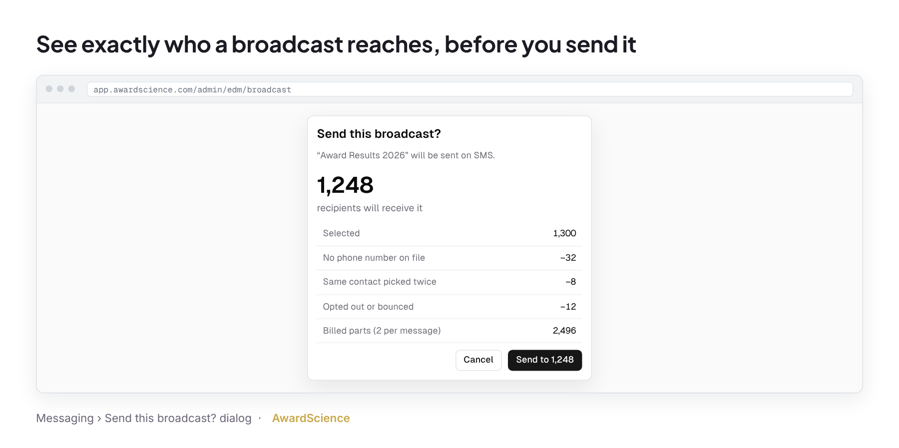 The AwardScience Send this broadcast confirmation dialog showing the audience that will be reached, exclusions and SMS segment counts.