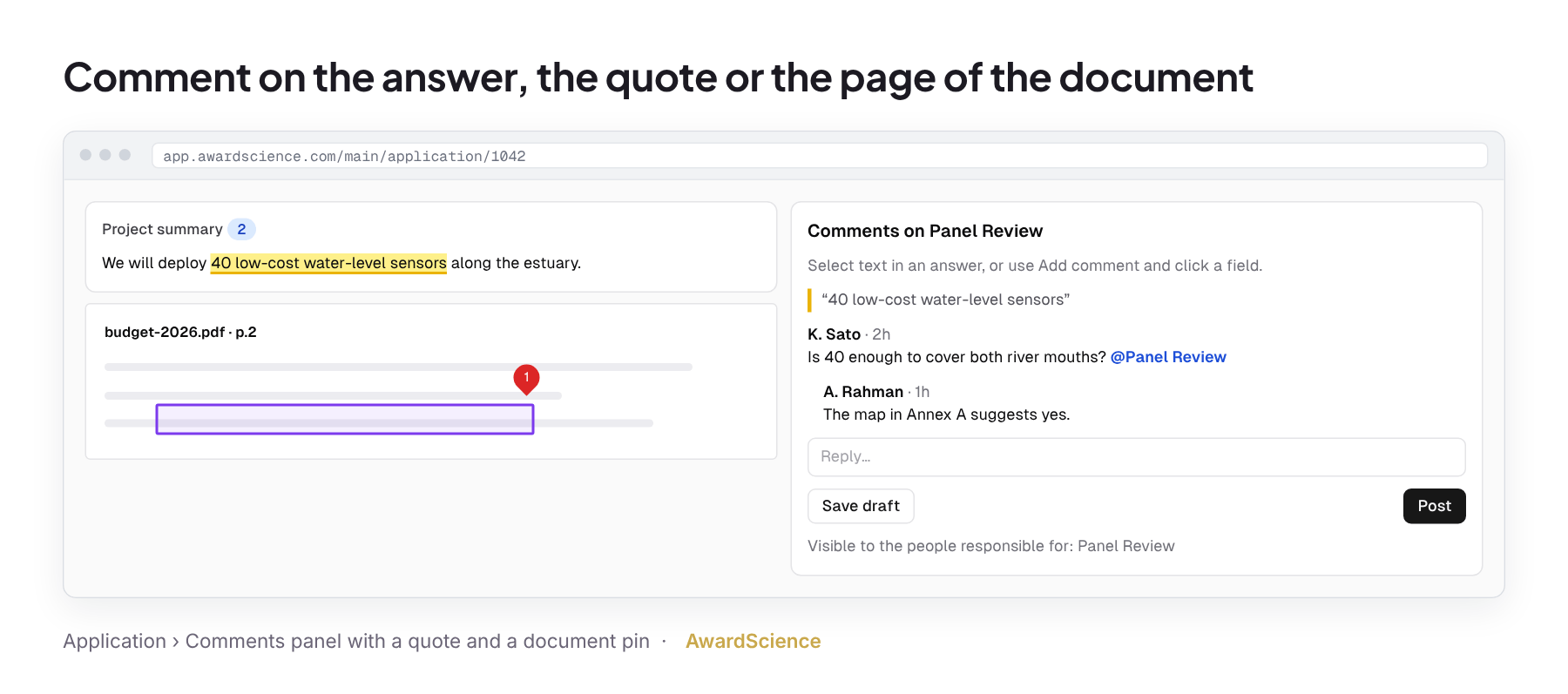 An AwardScience application with a comments panel anchored to quoted text and a pin on a document page, with a threaded reply and a mention.
