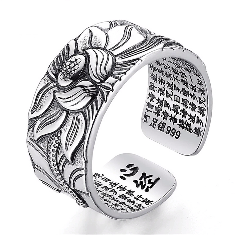 Helen De Lete Sterling Silver Black Lotus Open Ring - Adjustable Size For Women (925 Silver)