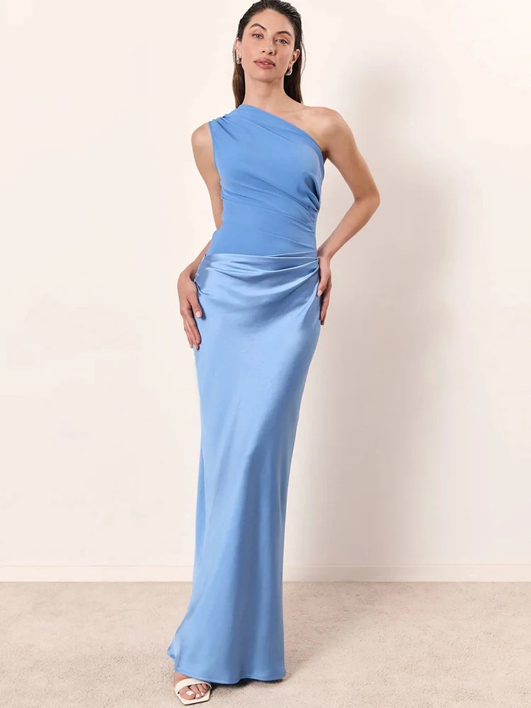 Effortless Magnetism Brown Ruched One-Shoulder Maxi Dress