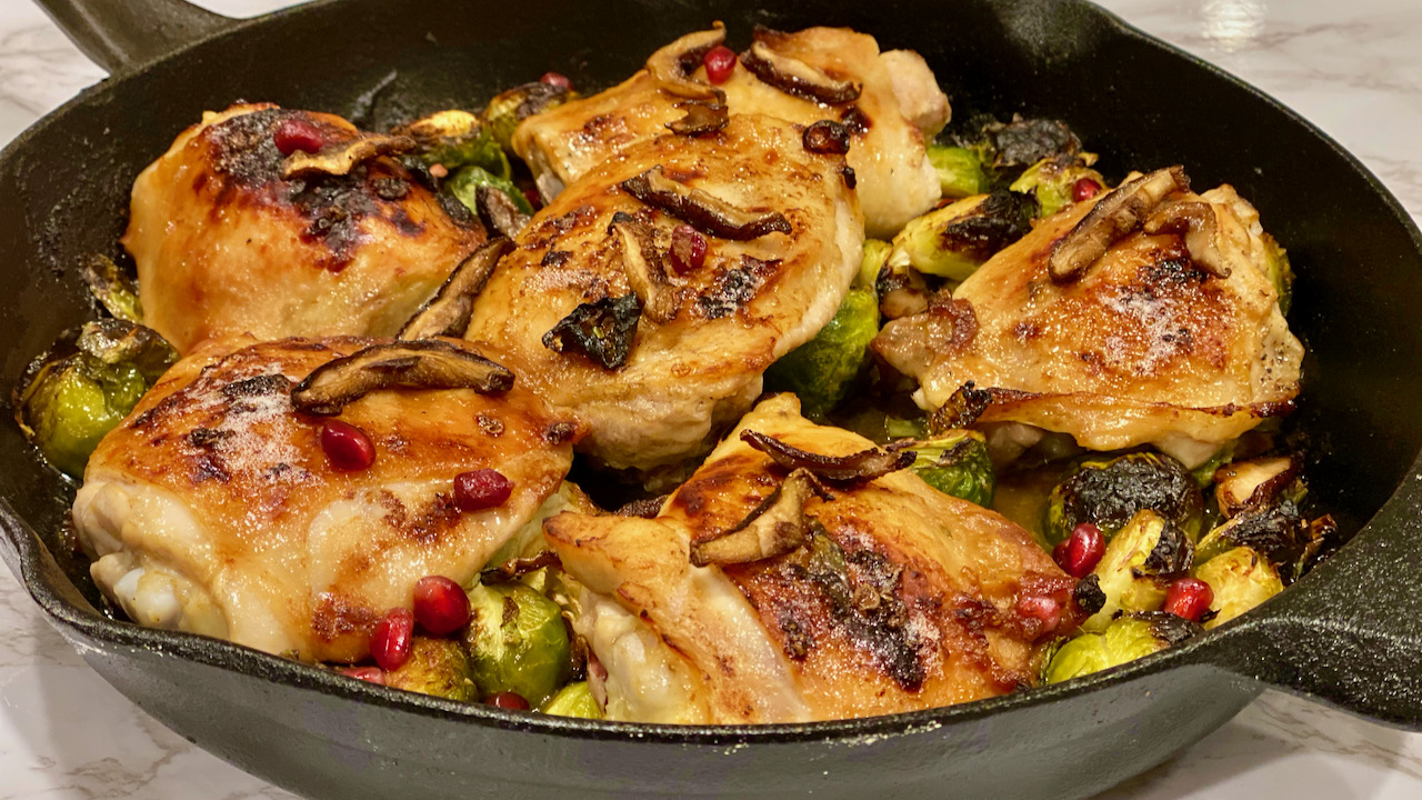 Miso Butter Chicken and Brussels Sprouts with Bourbon Shiitake “Bacon”