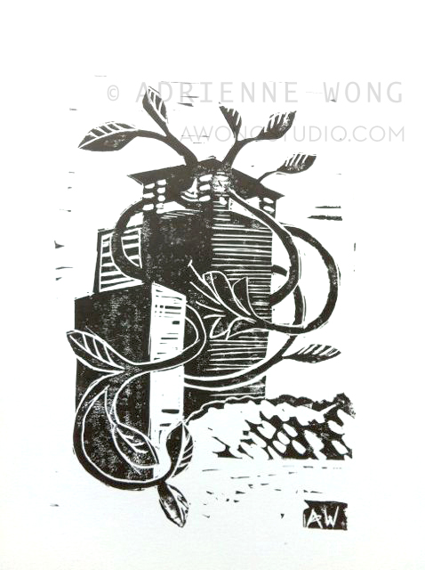 Making It In Houston. Linoprint, 11"x14"