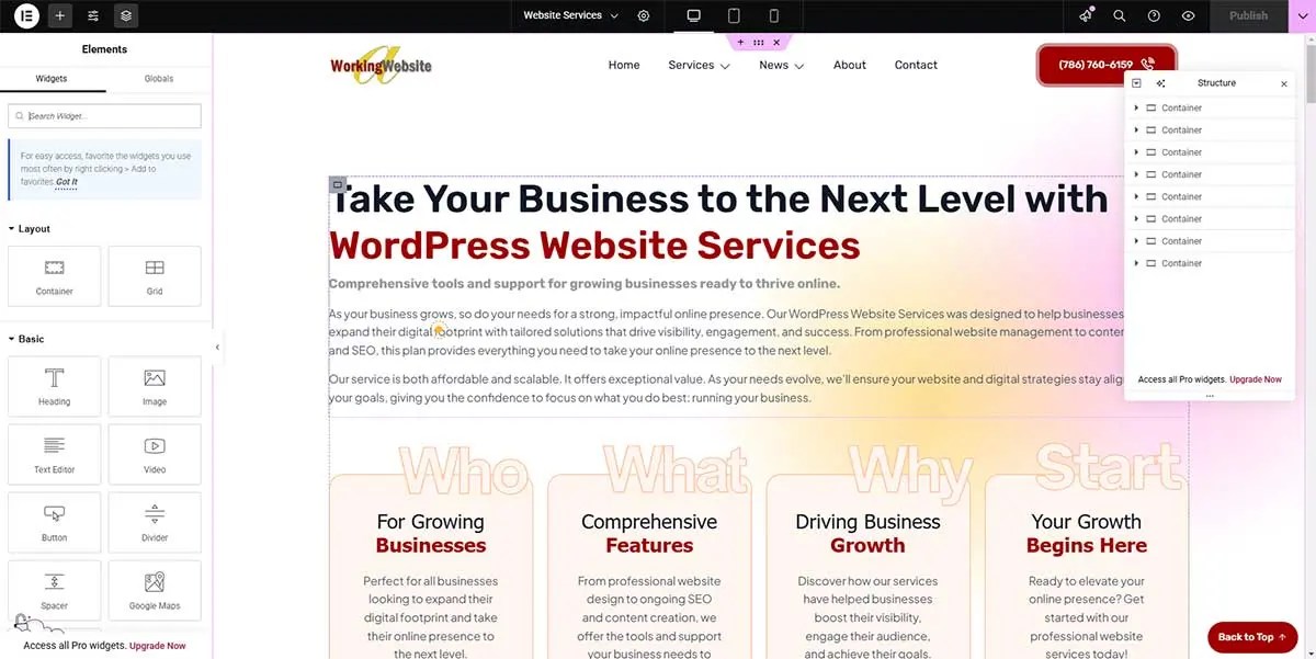Screenshot of a WordPress page built with Elementor showing service highlights