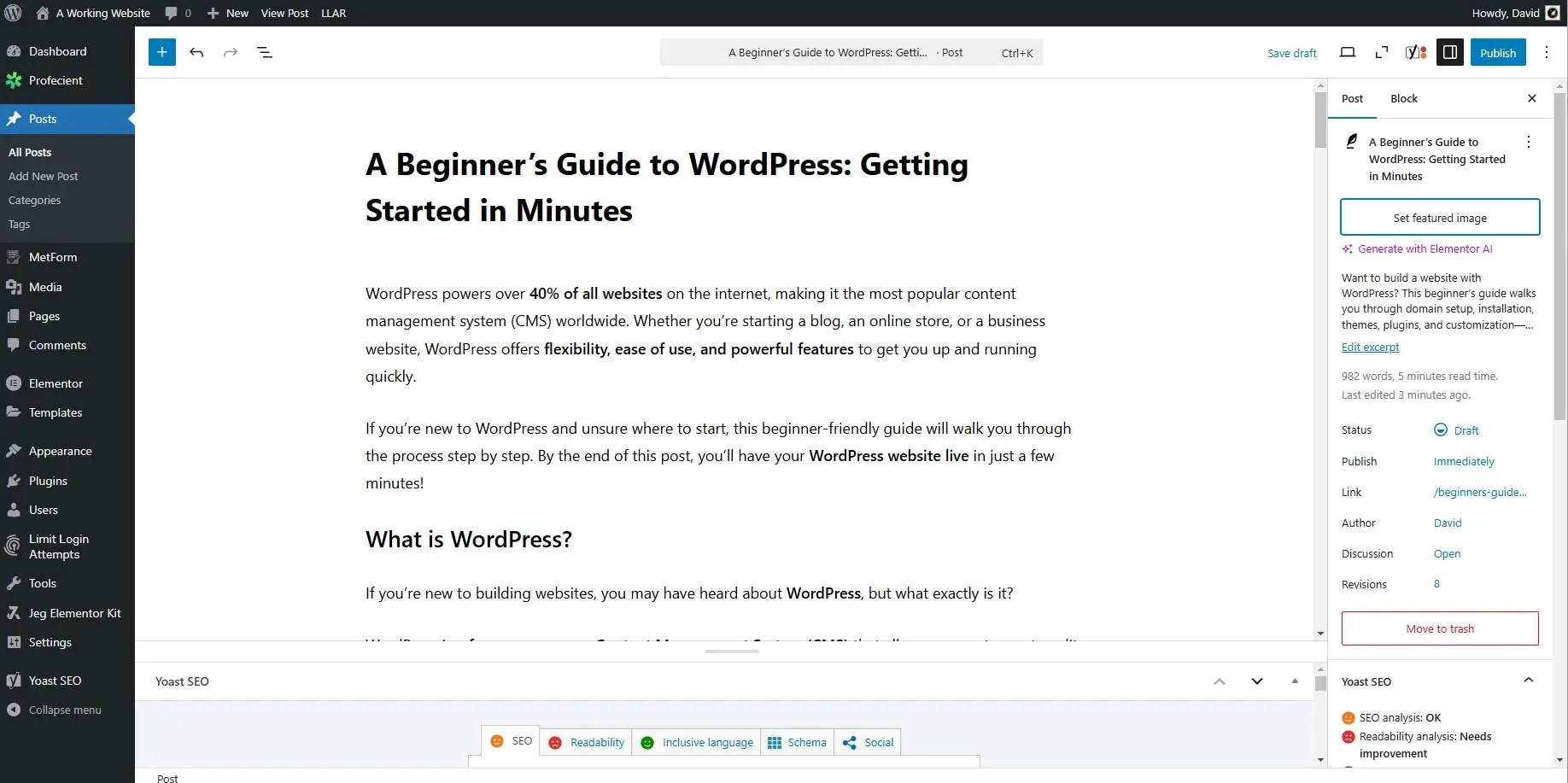 Screenshot of a beginner WordPress blog post draft in the WordPress editor