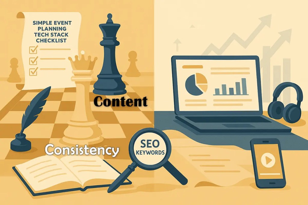 Split-screen illustration of a chessboard symbolizing content strategy and a modern content creation workspace, representing building a loyal blog audience.