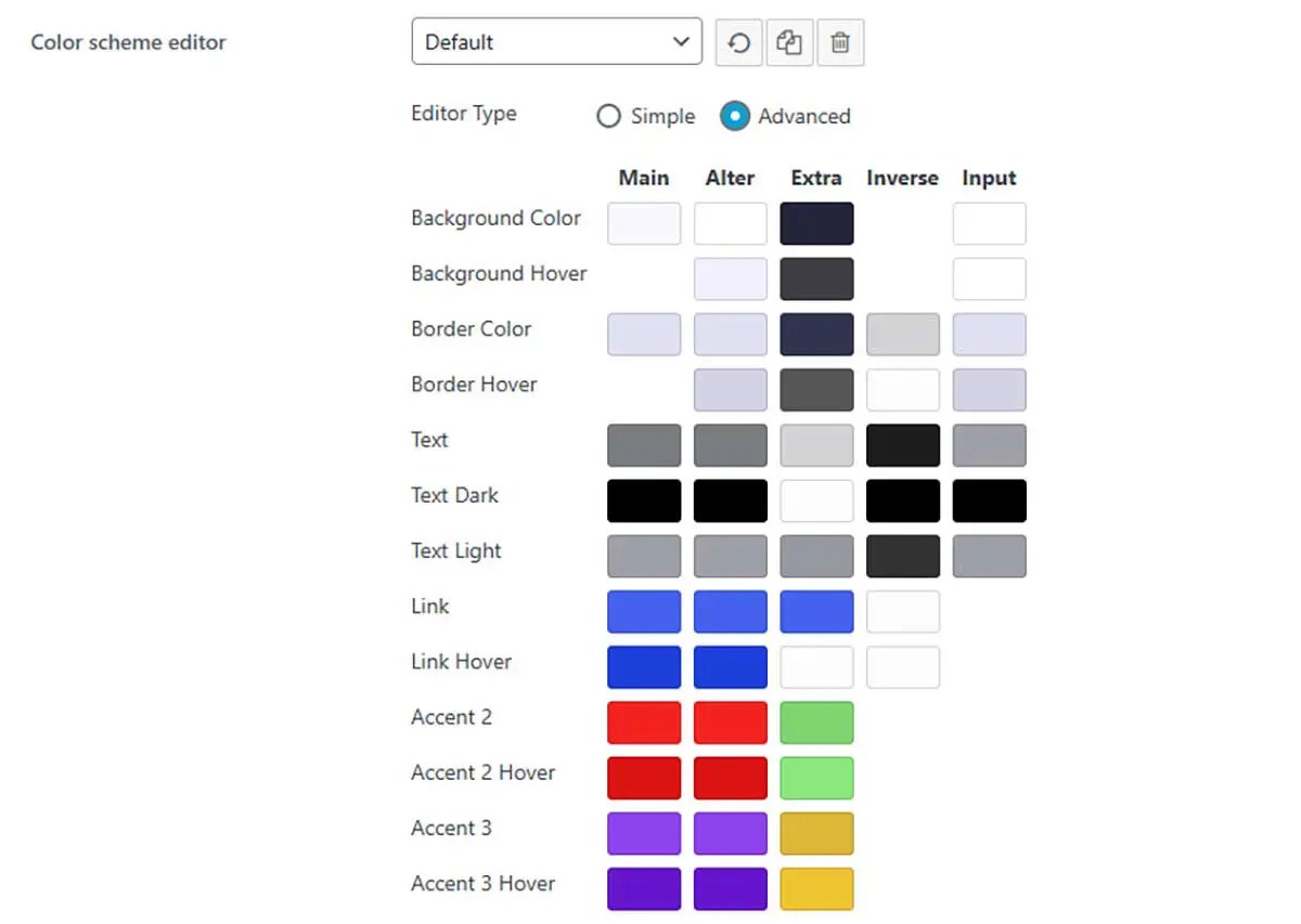 Screenshot of a color scheme editor with various color customization options for web design.
