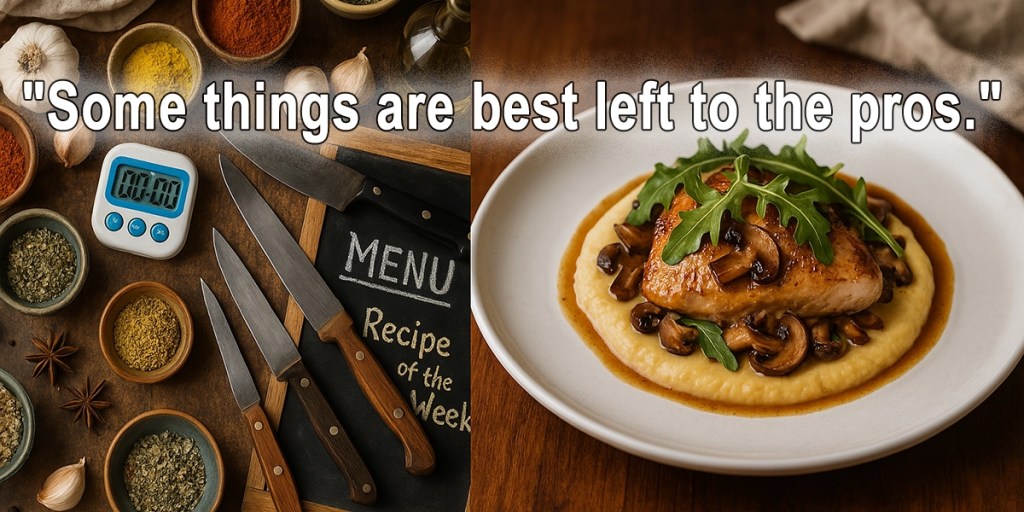 Side-by-side image of a cluttered kitchen counter with spices and knives next to a perfectly plated restaurant dish.