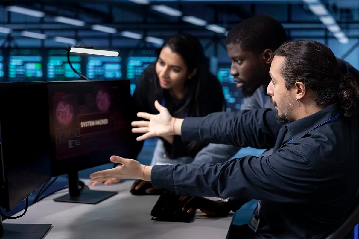 Cybersecurity team reacting to a system hack on a computer screen, highlighting WordPress security risks.