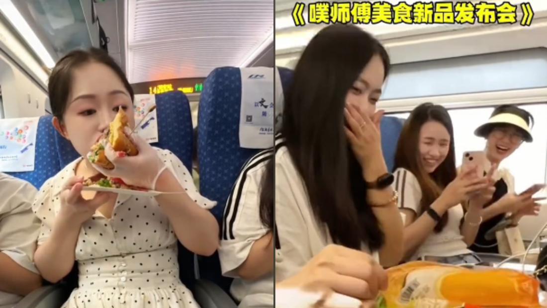 Konten Kreator China Mukbang di Kereta dan Ajak Penumpang Makan Bareng