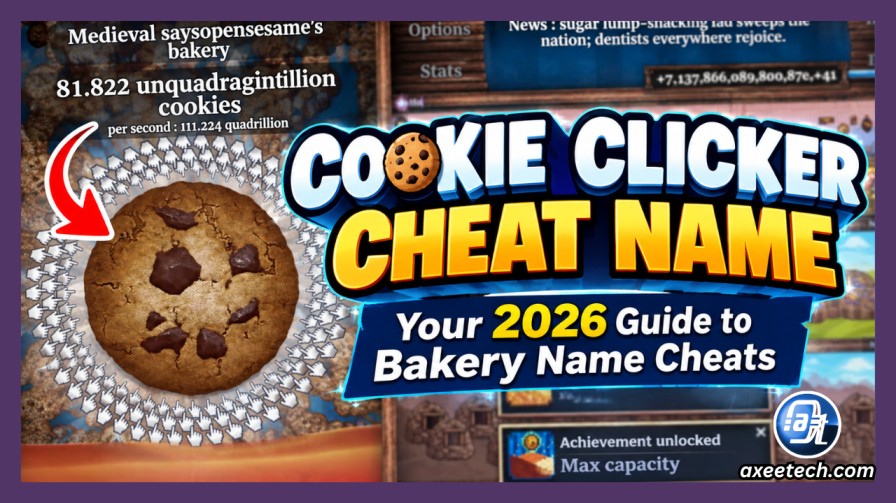 Cookie Clicker main game window featuring the big cookie and bakery name interface.