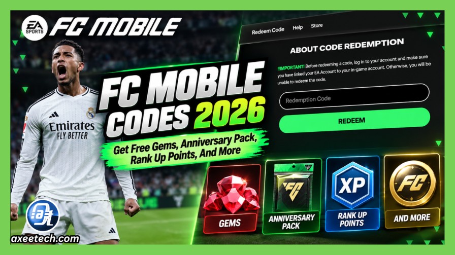 EA Sports FC Mobile title screen showing soccer players on a glowing stadium pitch.