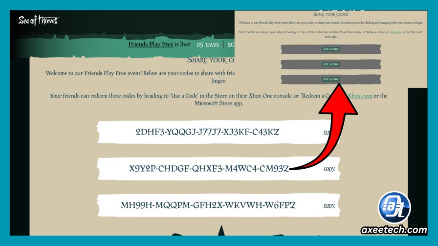 Sea of Thieves official website code redemption interface.