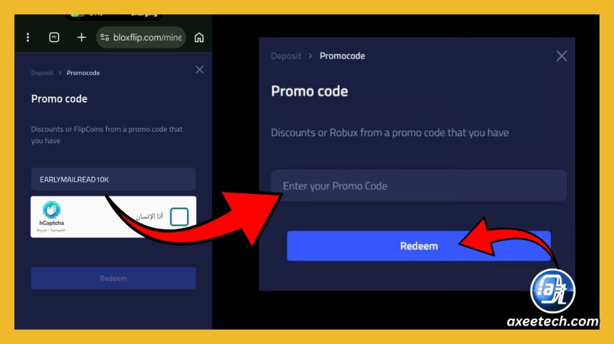 Close-up of the Bloxflip promo code dialog box and redeem button.