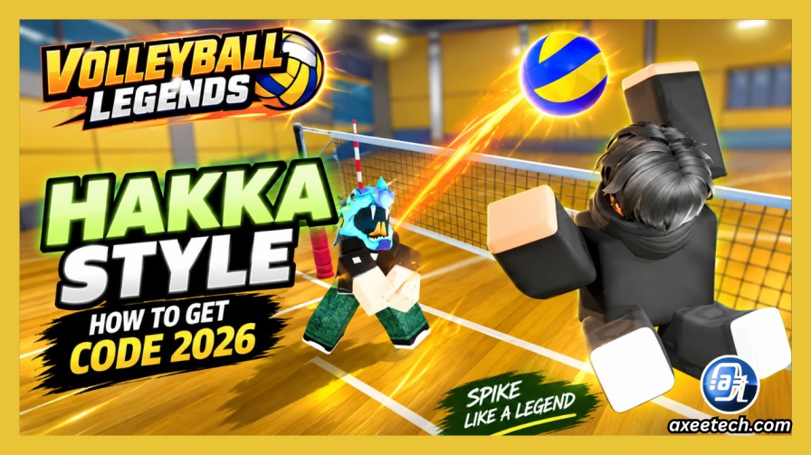Volleyball Legends Roblox game title screen showing a character ready to spike on an indoor court.