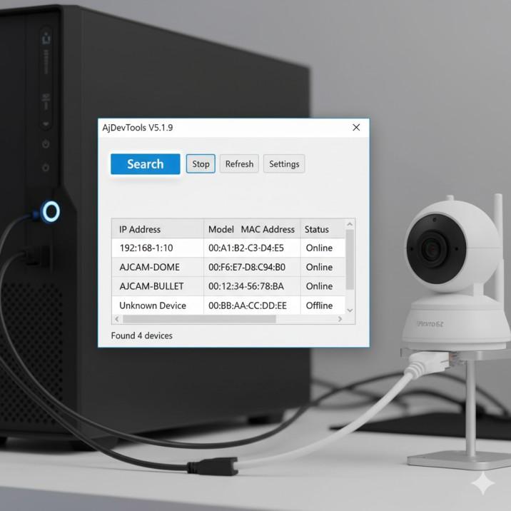 Secure AjDevTools V5.1.9_20201215 Setup Download Guide 2026 2 Mock-up of the AjDevTools software interface on Windows, showing a list of discovered IP cameras and the Search button highlighted, illustrating its use as a network discovery tool.