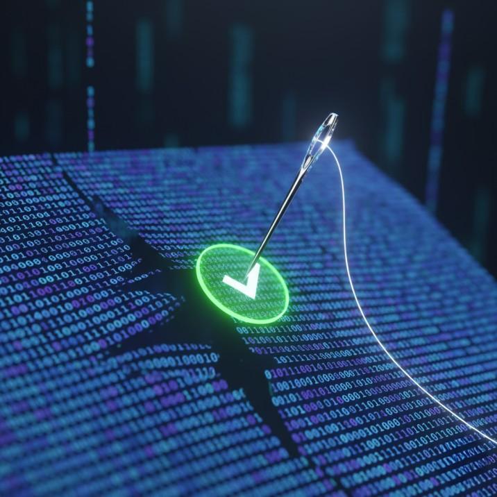 A digital needle and thread sewing a green, circular patch onto a hole in a flowing pattern of binary code, representing a successful software patch installation.