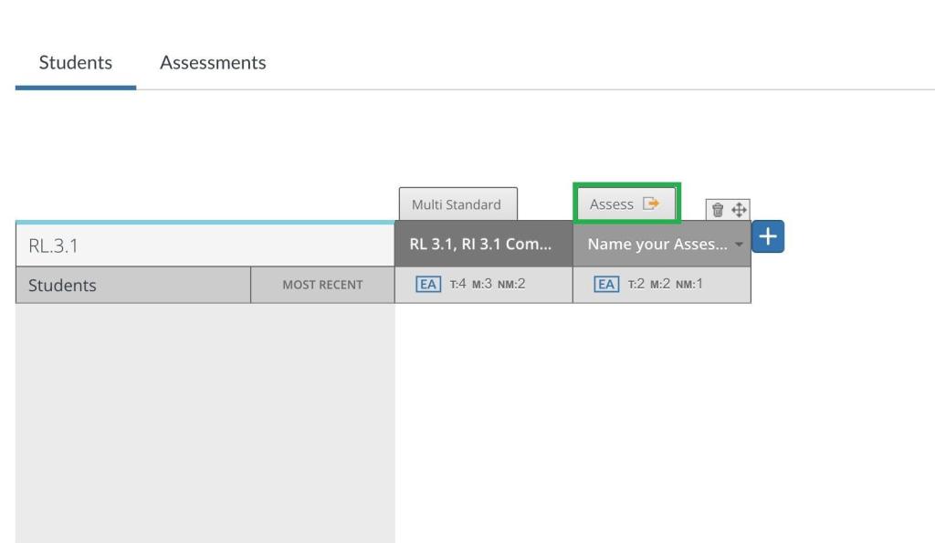 A screenshot shows a website interface displaying a table with "Students" and "Assessments" tabs. The "Assessments" tab is active. Below, a row dedicated to "RL.3.1" includes options for "Multi Standard" and an "Assess" button, highlighted in green. Further to the right, a text field "Name your Asses..." and a plus button are visible.