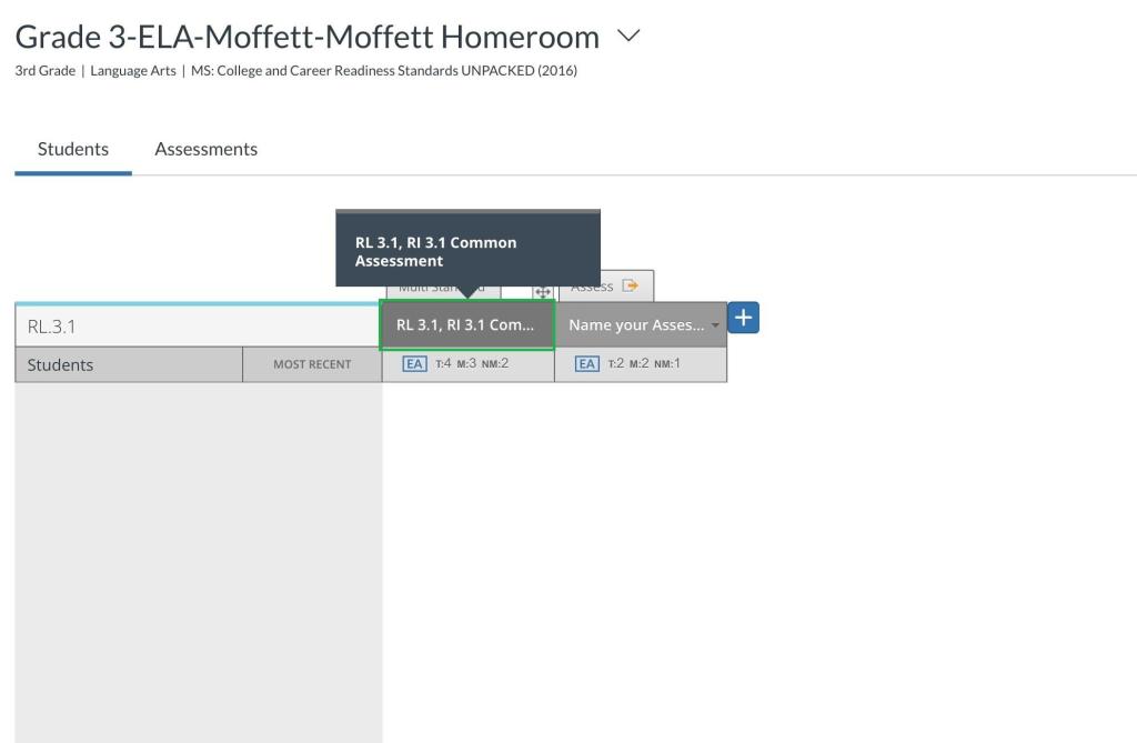 A screenshot shows a website interface for "Grade 3-ELA-Moffett-Moffett Homeroom" with the "Assessments" tab active. Below, a row for "RL.3.1" displays assessment options. A button labeled "RL 3.1, RI 3.1 Common Assessment" is highlighted in green, indicating it has been selected or is being hovered over. Further to the right are fields to "Name your Asses..." and a plus icon.