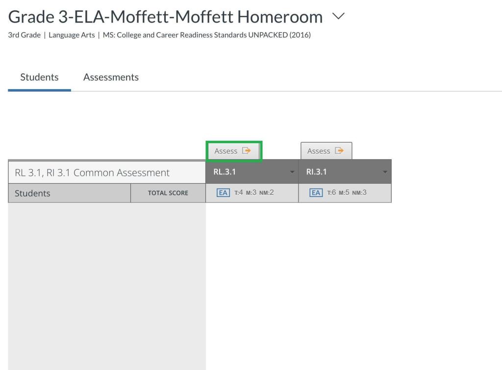 A screenshot shows a website interface for "Grade 3-ELA-Moffett-Moffett Homeroom" with the "Assessments" tab active. A row labeled "RL 3.1, RI 3.1 Common Assessment" is displayed. Above the first "RL.3.1" column, an "Assess" button is highlighted in green, indicating a potential action related to that standard.