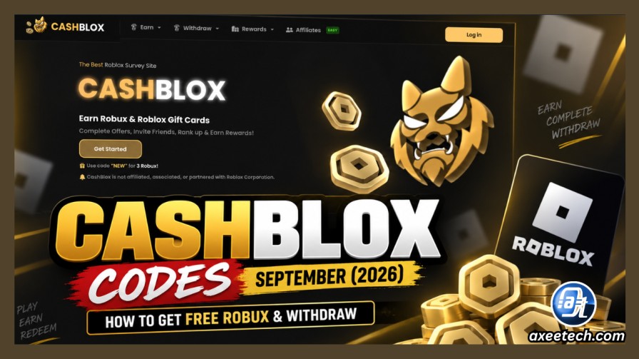 Cashblox earning platform dashboard interface with Roblox character and Robux reward graphics.