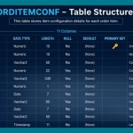 ORDITEMCONF table structure diagram showing all 11 columns with data types