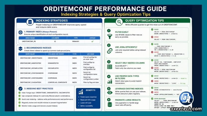 Understanding order_item_cons_data_2: Complete Guide to Order Item Confirmation Data 7 Infographic showing indexing strategies and query optimization tips for ORDITEMCONF