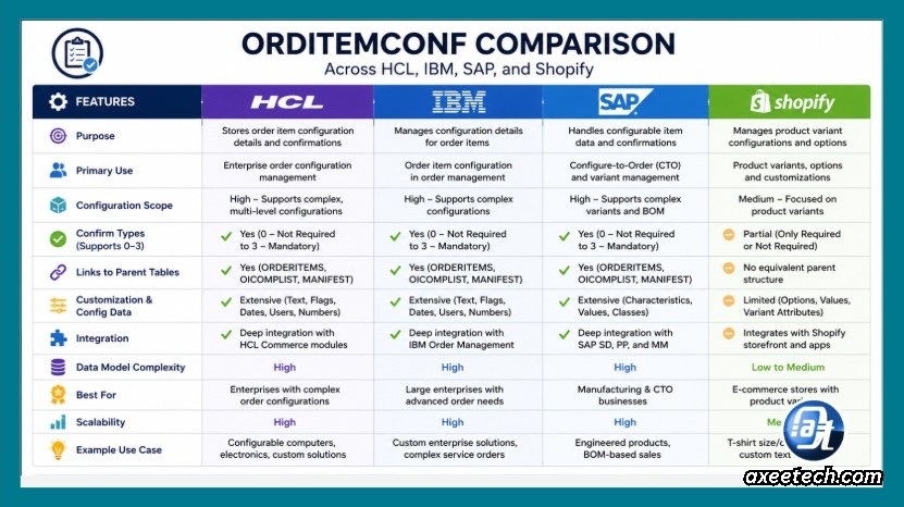 Understanding order_item_cons_data_2: Complete Guide to Order Item Confirmation Data 6 Comparison chart showing ORDITEMCONF features across HCL, IBM, SAP, and Shopify