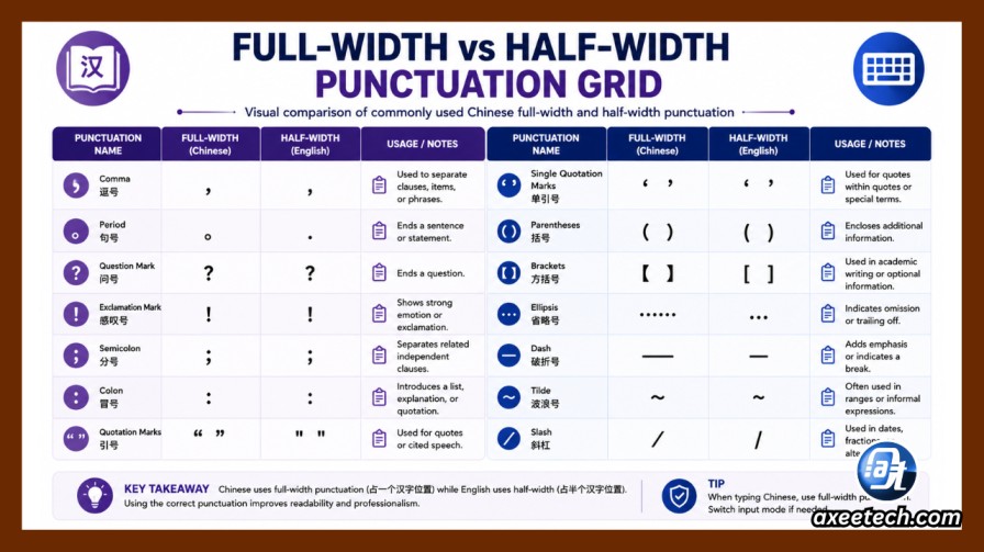 Full-Width vs Half-Width Punctuation Grid Diagram

