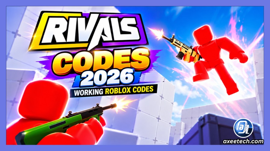 Roblox RIVALS game lobby and tactical weapon showcase featuring player avatars and combat action.