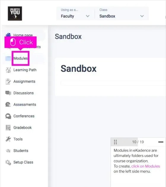 Ekadence Create Class: How to Create a Class and Add Modules 8 Ekadence create class step 9: click Modules in the left side menu