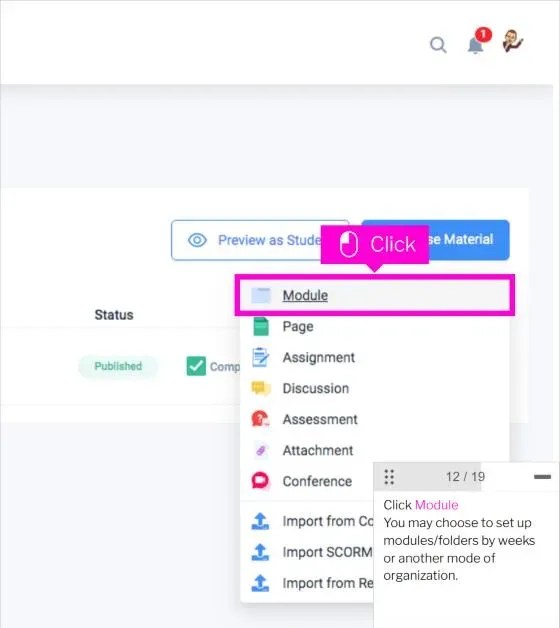 Ekadence Create Class: How to Create a Class and Add Modules 10 Ekadence create class step 11: click Module in the Course Material menu