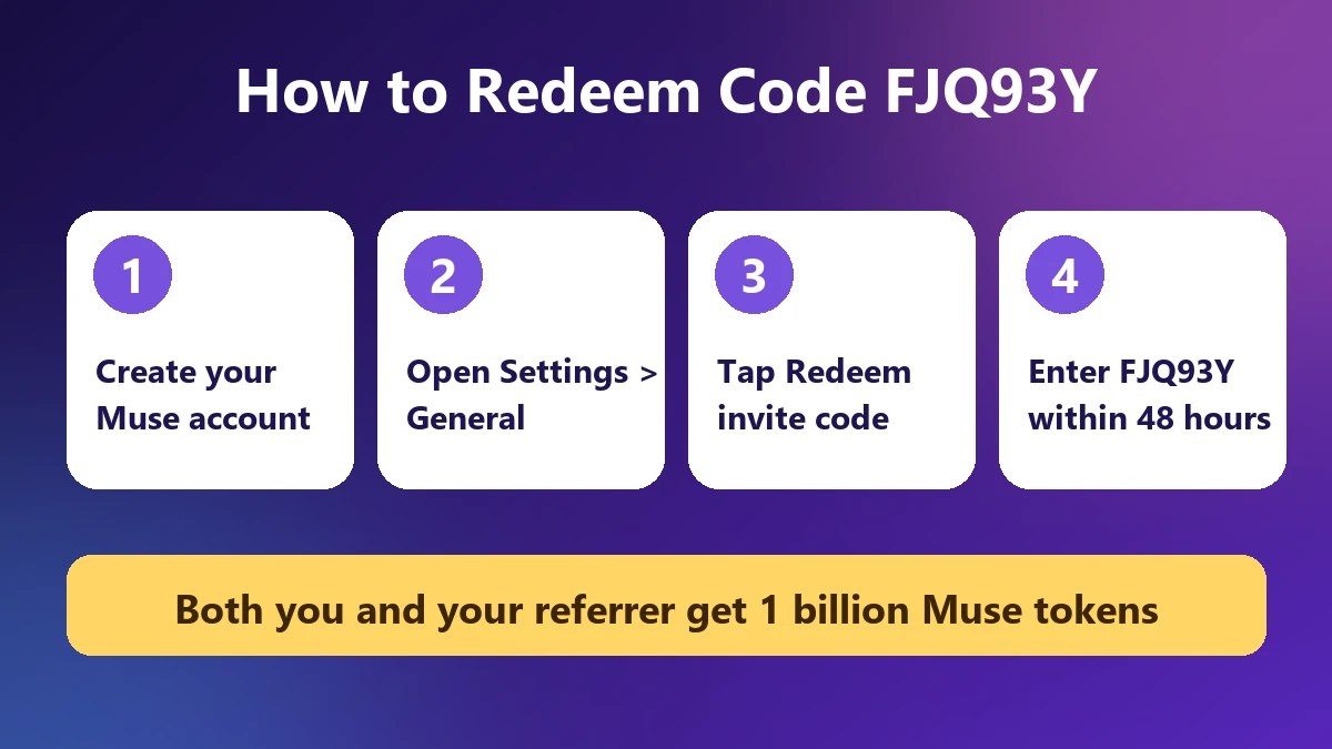 Muse AI Referral Code FJQ93Y: How to Get 1 Billion Free Muse Tokens (2026) 2 Four steps to redeem Muse invite code FJQ93Y in Settings