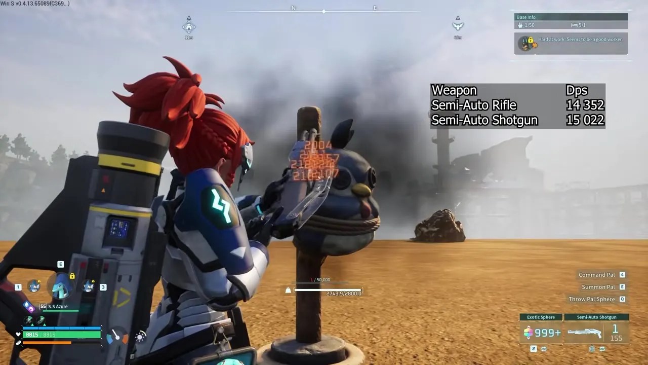 Palworld Weapon Tier List: Best Weapons (1.0 Patch, 2026) 2 Palworld weapon tier list test showing a player firing at a training dummy with a damage readout