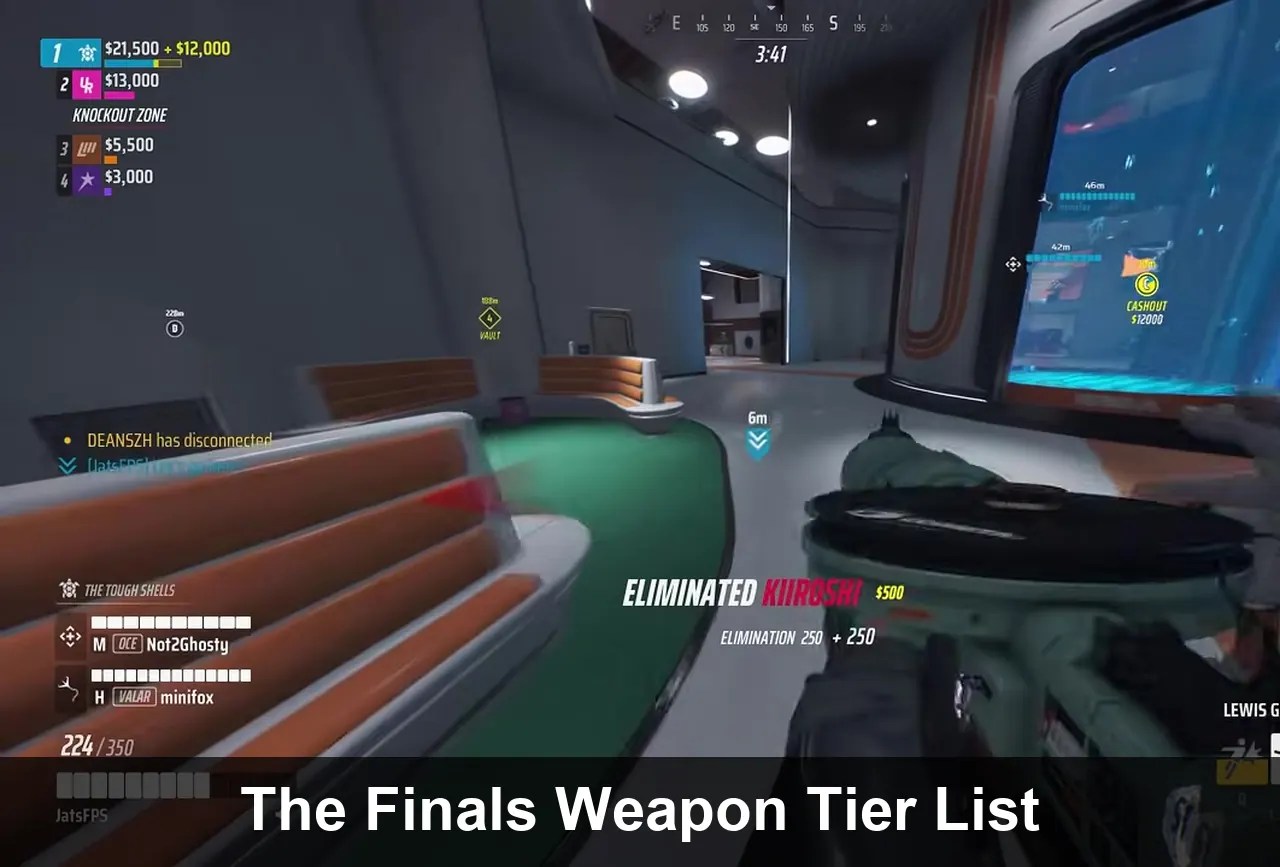 The Finals weapon tier list featured image showing a Heavy player eliminating an opponent with the Lewis Gun