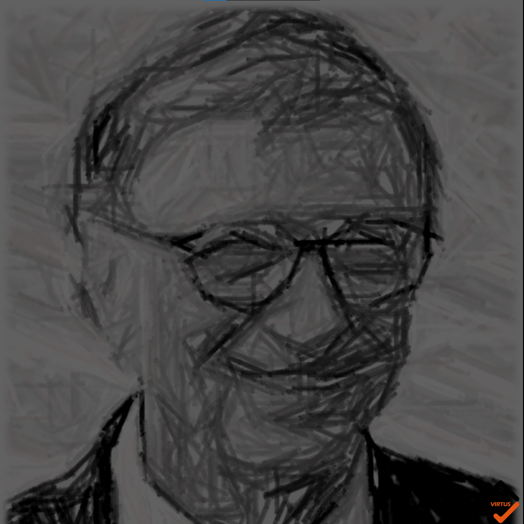 A pencil sketch of Bill Gates with a warm smile.