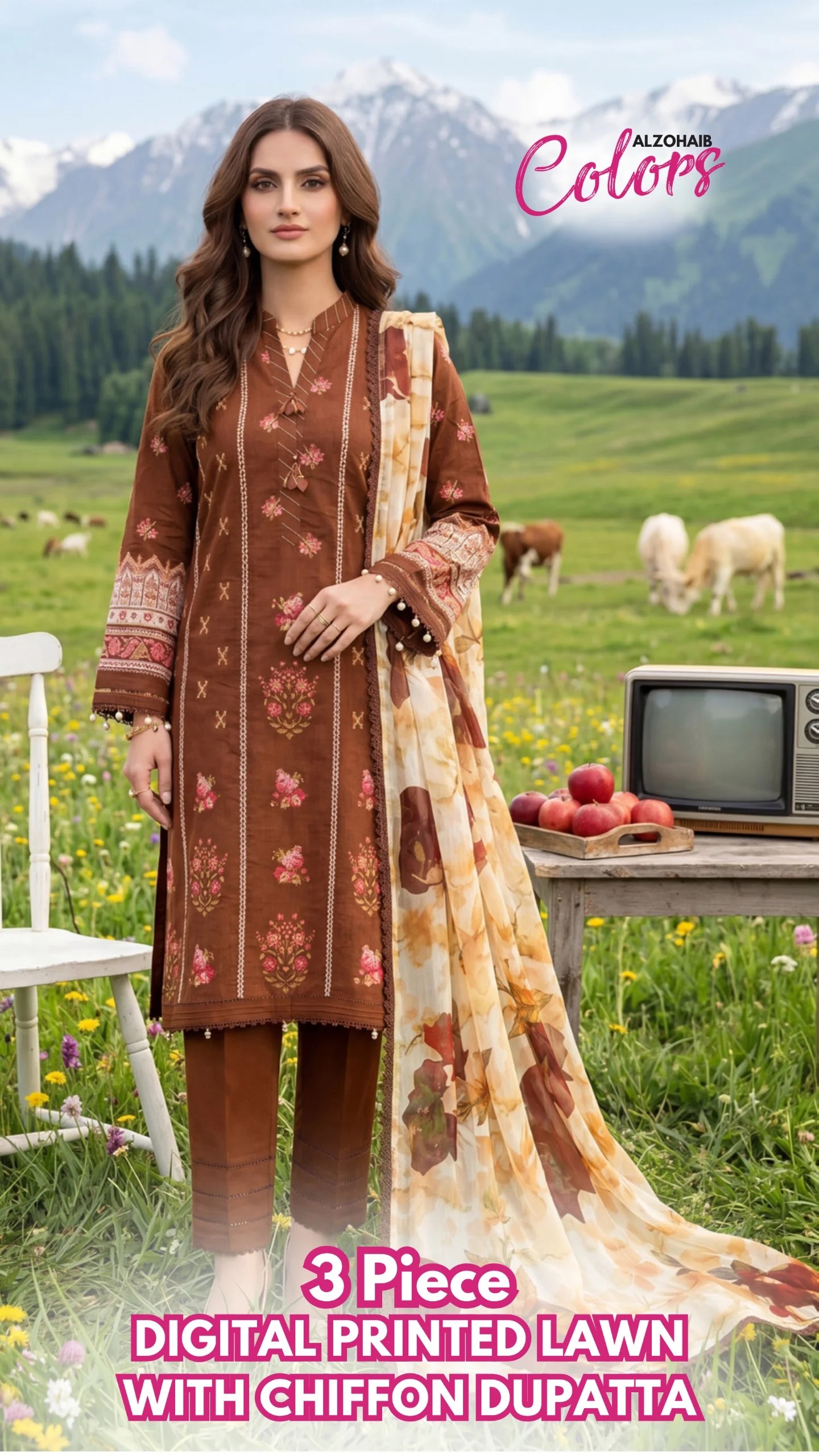 az colors digital printed lawn with chiffon dupatta