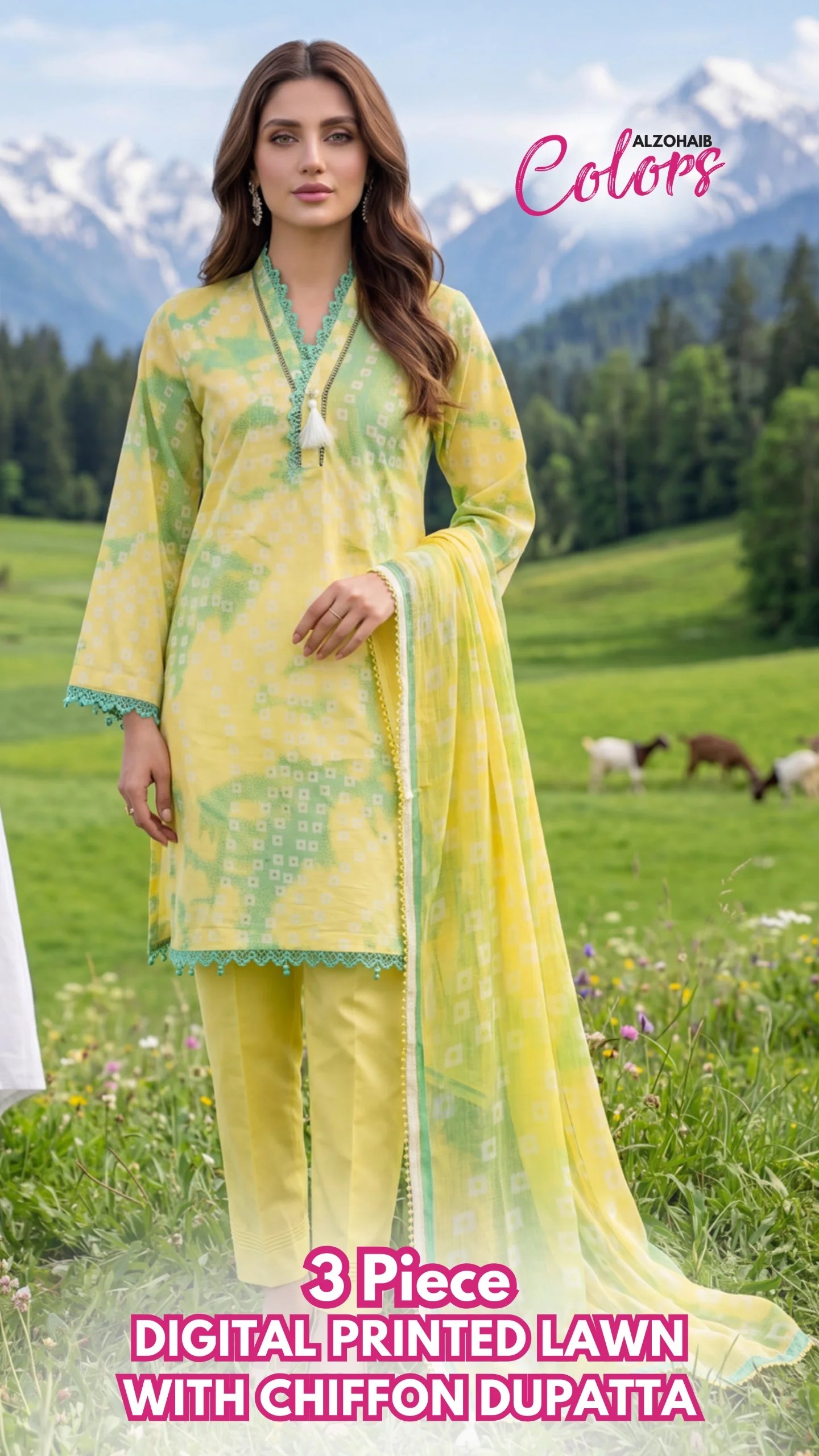az colors digital printed lawn with chiffon dupatta